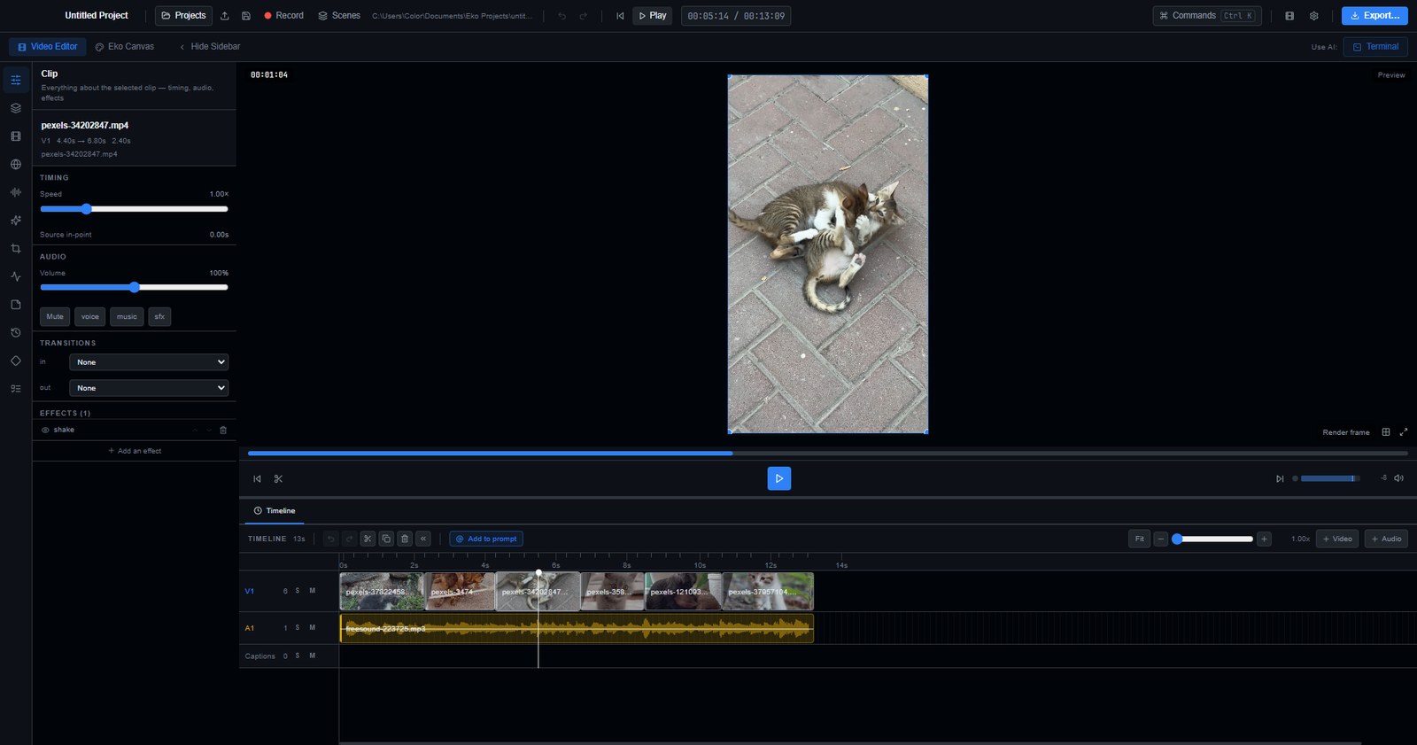 The Eko editor: a vertical 1080×1920 preview, a clip inspector showing speed, volume, transitions and an effect stack, and a timeline of six cuts over a music bed.