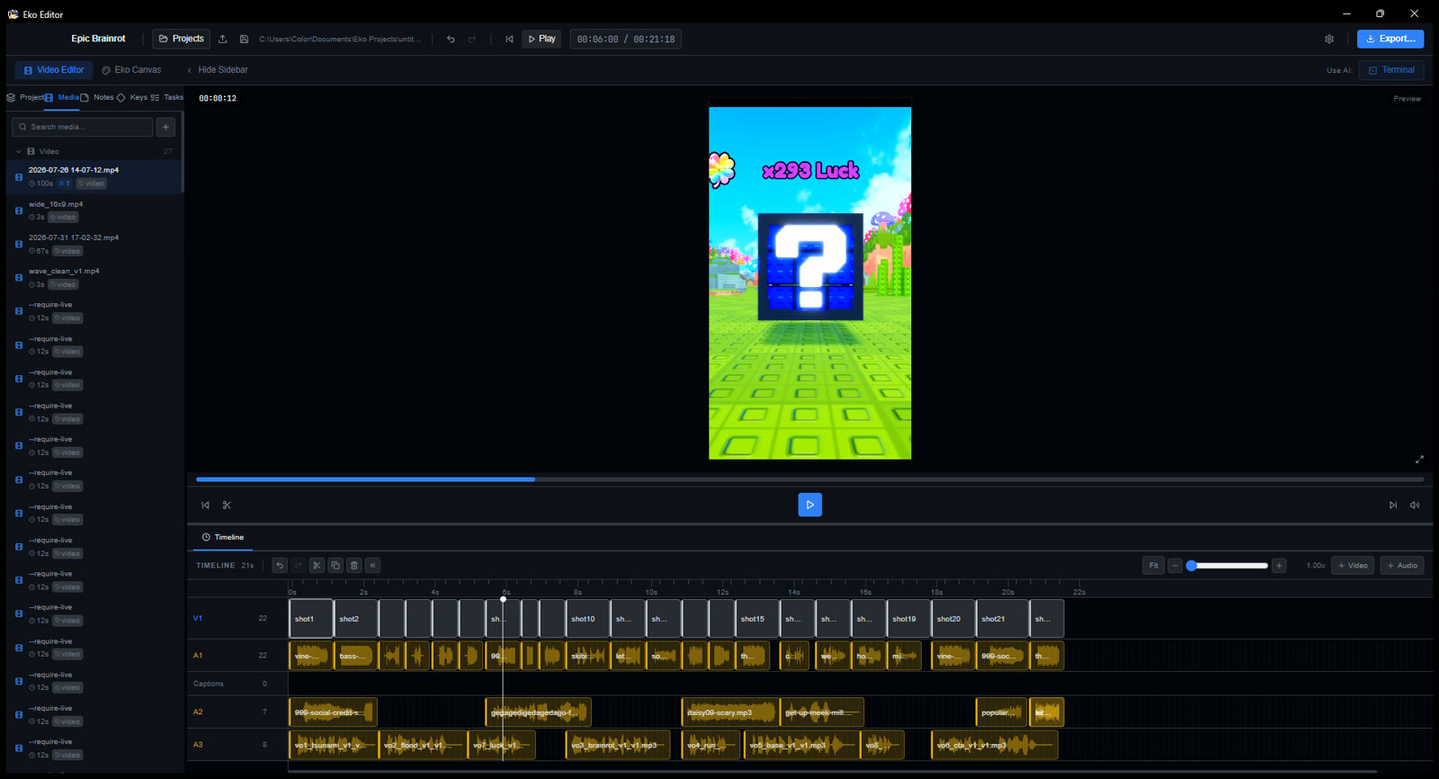 Eko editing a vertical short: a 1080×1920 preview beside a timeline with 22 video clips, sound effects and named voiceover tracks.