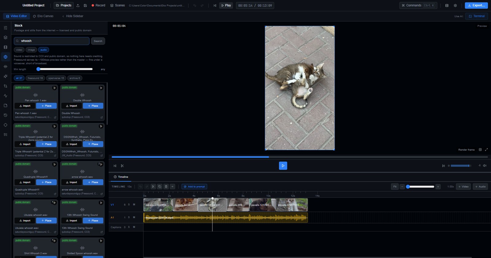 Eko’s stock panel showing sound-effect results from Freesound, Openverse and the Internet Archive, each card badged public domain with an audition button.